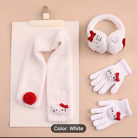 New Girls Hello Kitty Winter Scarf, Earmuffs, Glove Set - Picture 2 of 4